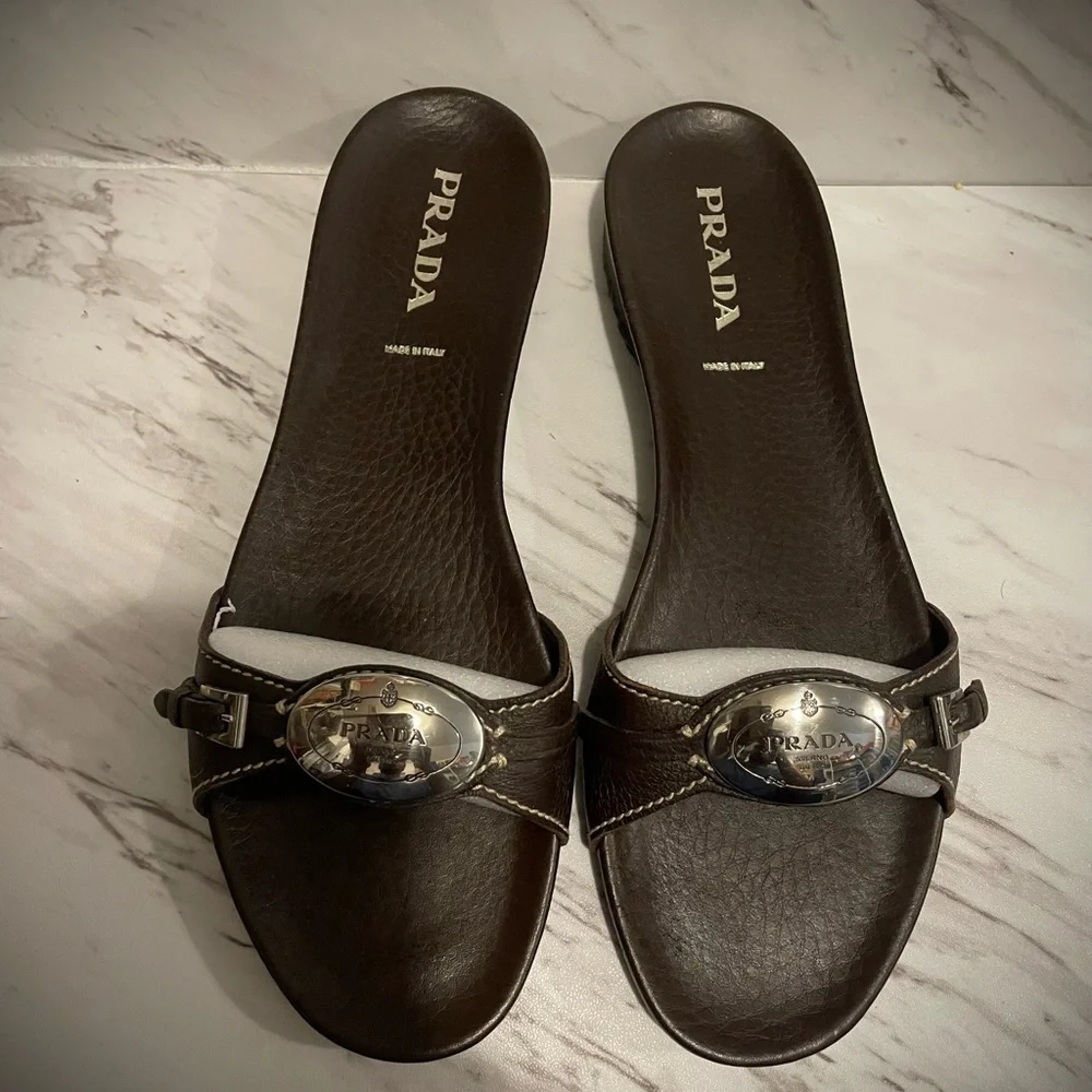 Prada Women's Dark Brown Sandals with Silver Accents - Picture 1 of 7